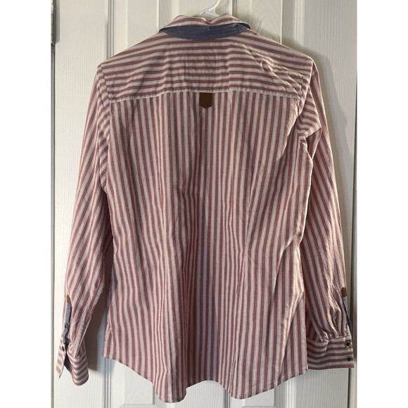 Orvis Women’s Small Dusty Rose Striped Shirt Leather Trim Long Sleeve Button Up - Picture 9 of 15